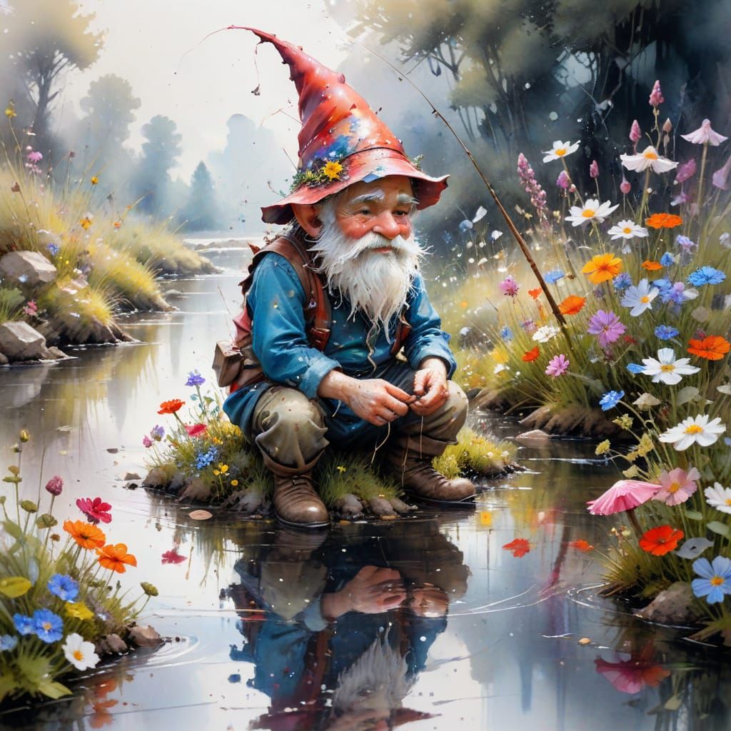 Gnome Fishing by Puddle in Fairytale Floral Scene