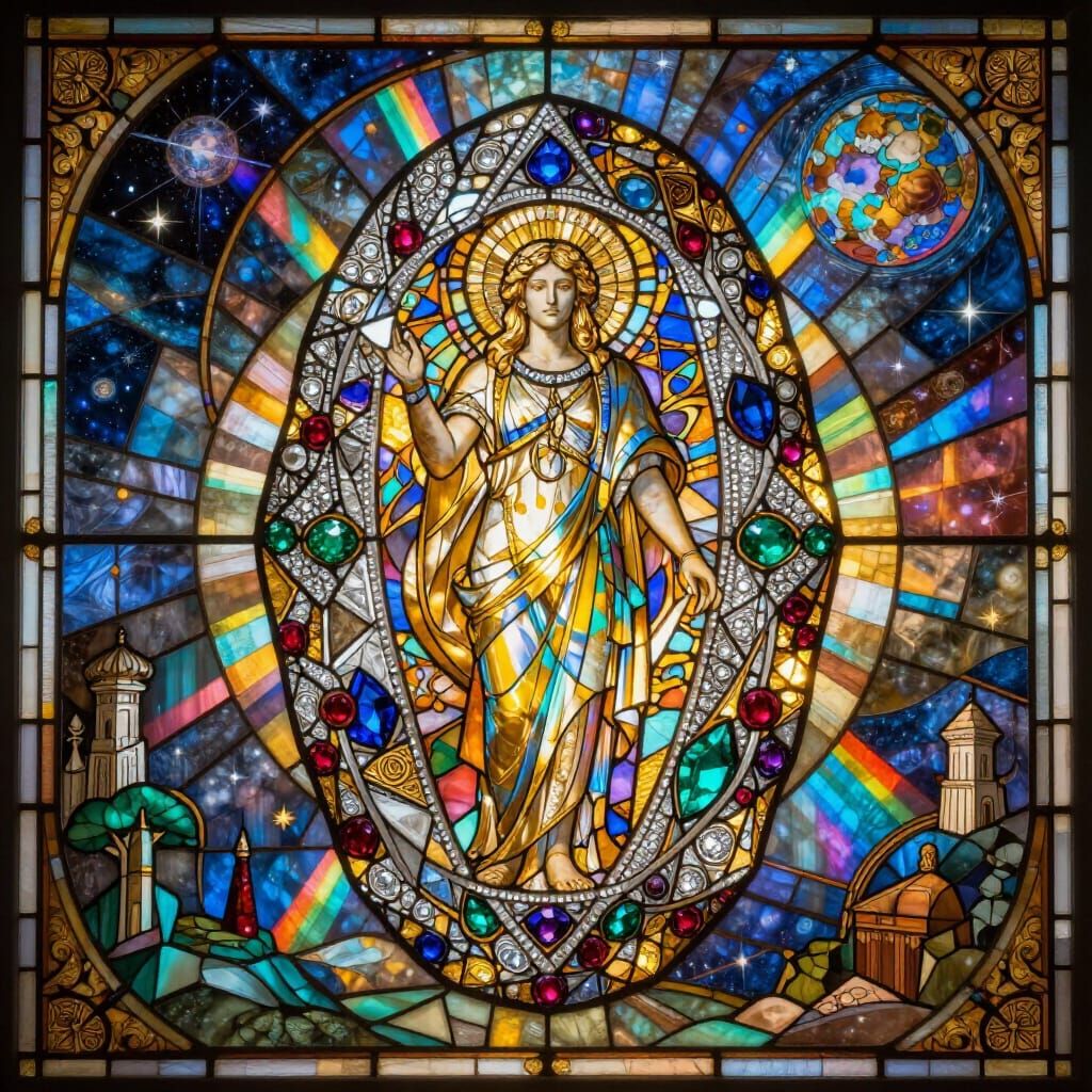 Luminous Stained Glass Philosopher's Stone in Celestial Shri...