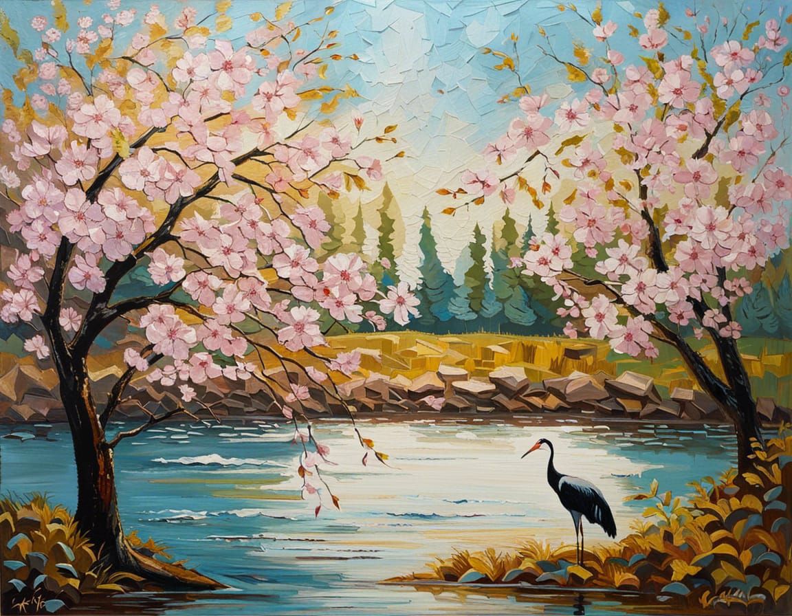 Impasto Painting of a Crane on Cherry Blossom Tree with Gold...