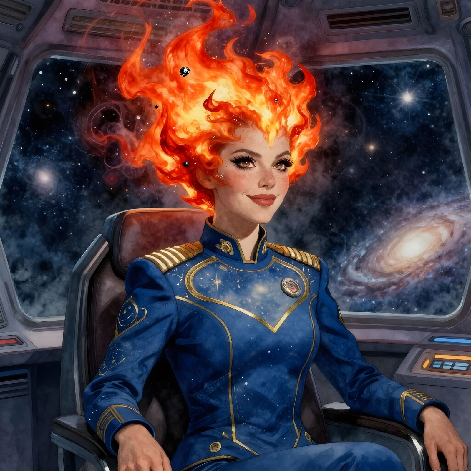 Cosmic Fire Head Woman on Starship Bridge