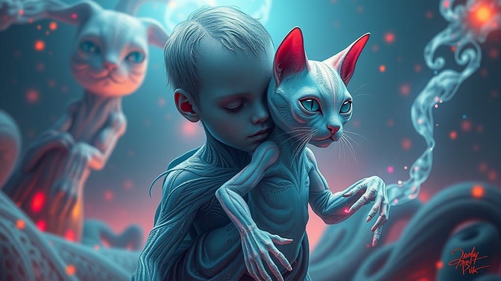 Surreal Fusion of Human and Alien-Cat Hybrid in Glowing Drea...