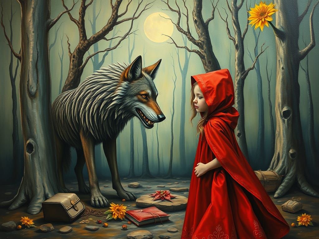 Little Red Riding Hood Meets Dreamlike Wolf in Dali Forest