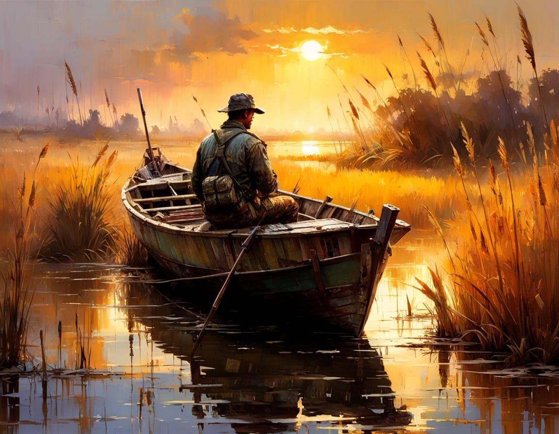 Dramatic Duck Hunter in Sunset Golden Light