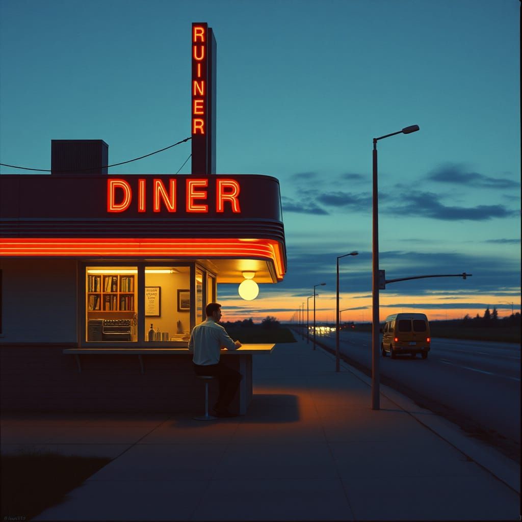Diner on a Lonely Road, in Hopper Style