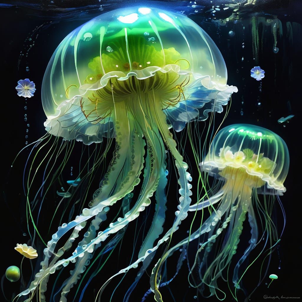 Bioluminescent Jellyfish with Porcelain Flowers