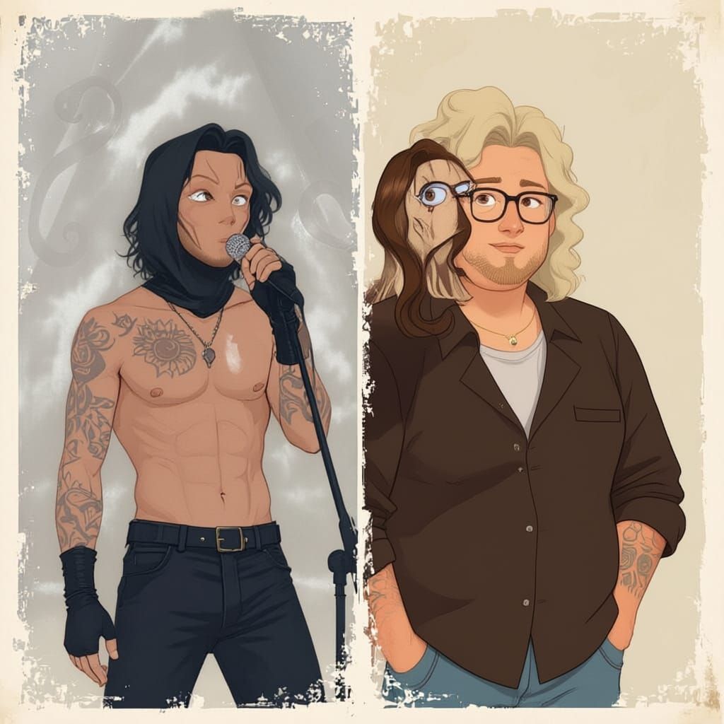 Split-Scene Digital Artwork: Singer and Storybook Couple