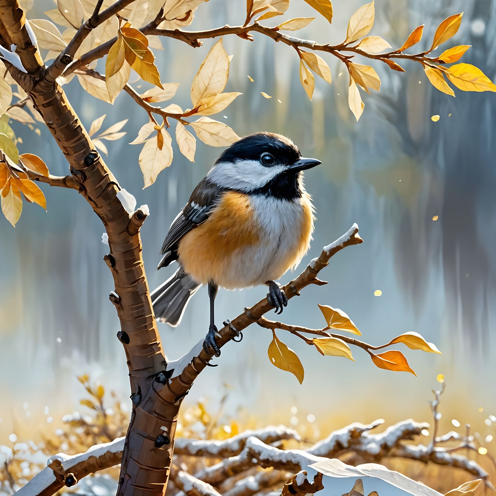 Chickadee in Appletree: Neo-Impressionist Expressionist Oil ...