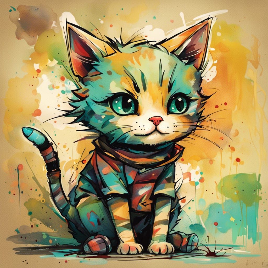 Whimsical Feline Portrait in Colorful Pastels