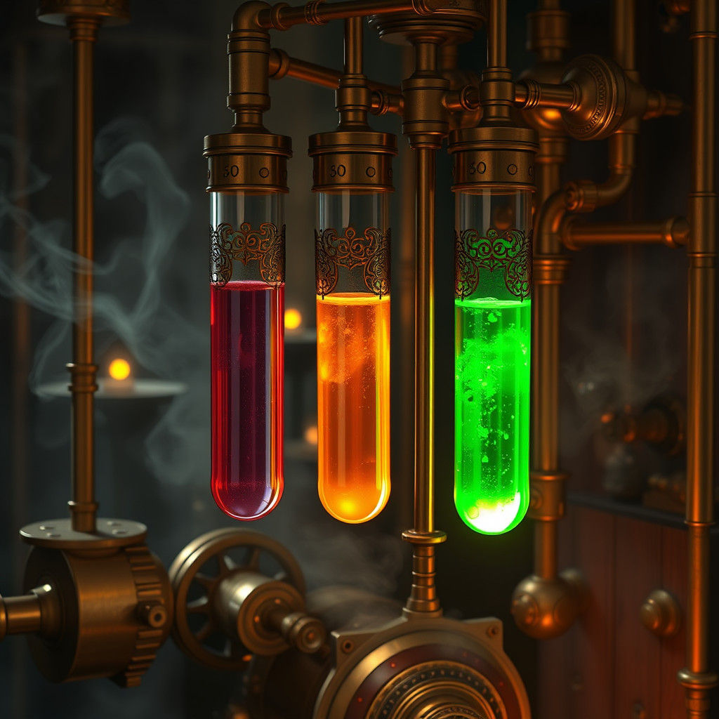 Rusty Brass Steampunk Laboratory with Vibrant Test Tubes
