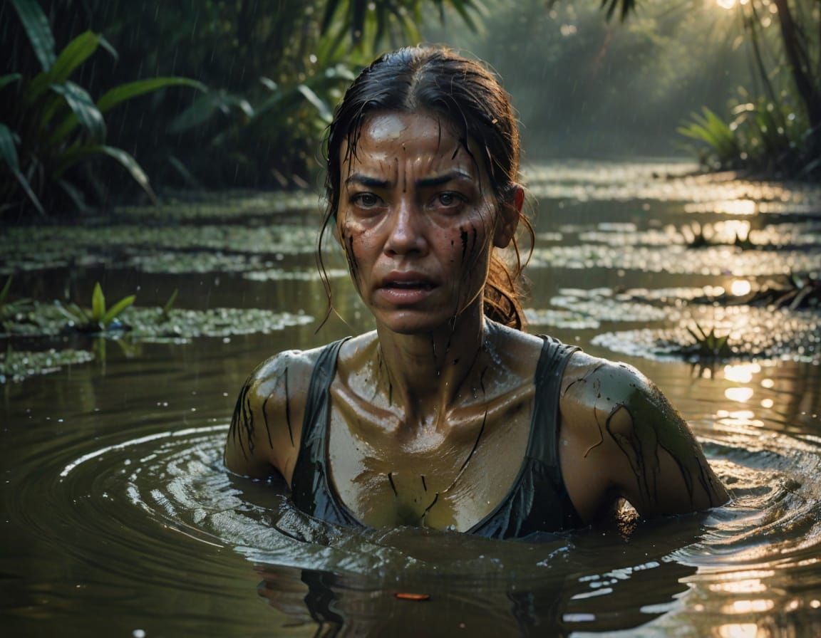 Woman in Agony Amidst Green Swamp