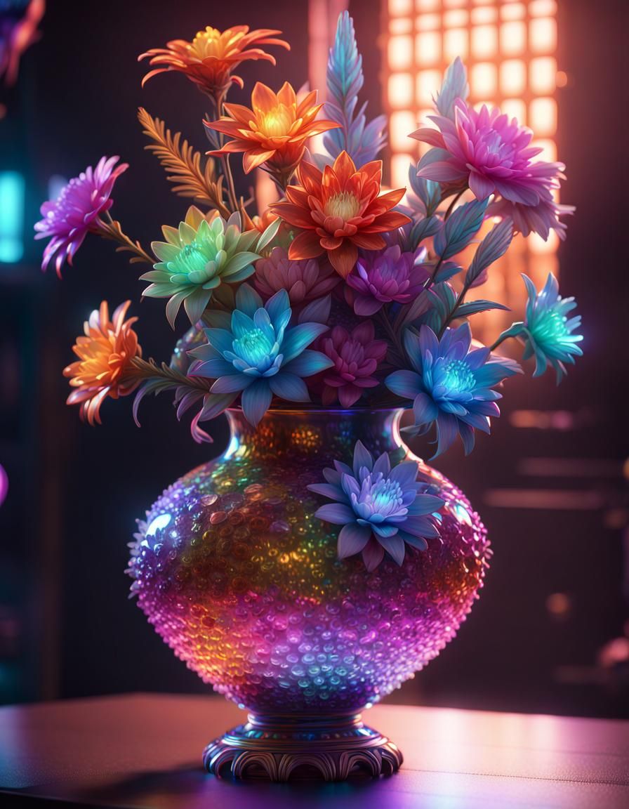 Ethereal Cyberpunk Vase in Holographic Bloom