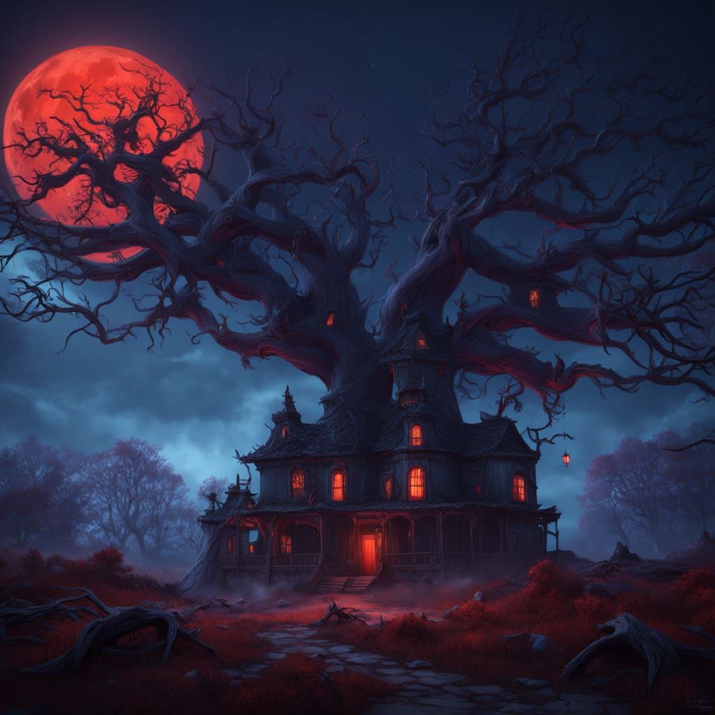 Surreal Horror House Under Red Moonlit Sky in Fantasy Concep...