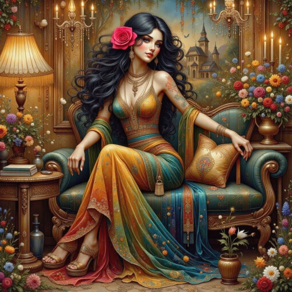 Raven-Haired Beauty in Art Nouveau Opulence