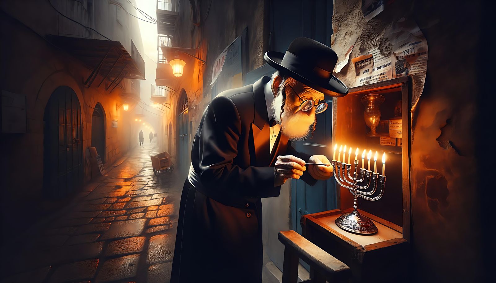 An elderly Jew lights Hanukkah candles in the Old City of Jerusalem