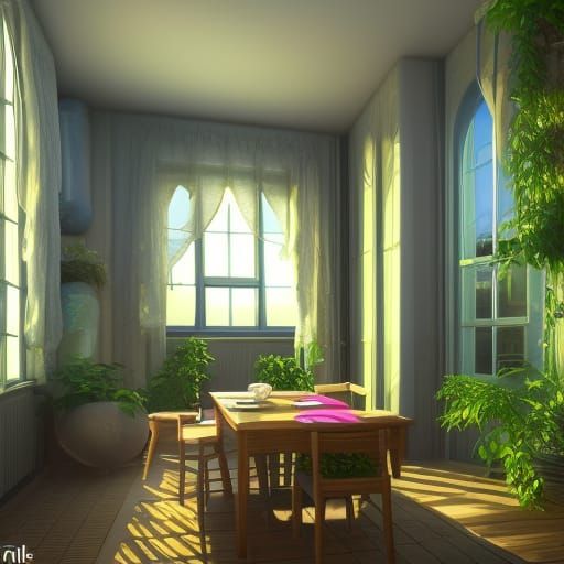 Relaxing Cat Cafe in Evening Light: Matte Painting
