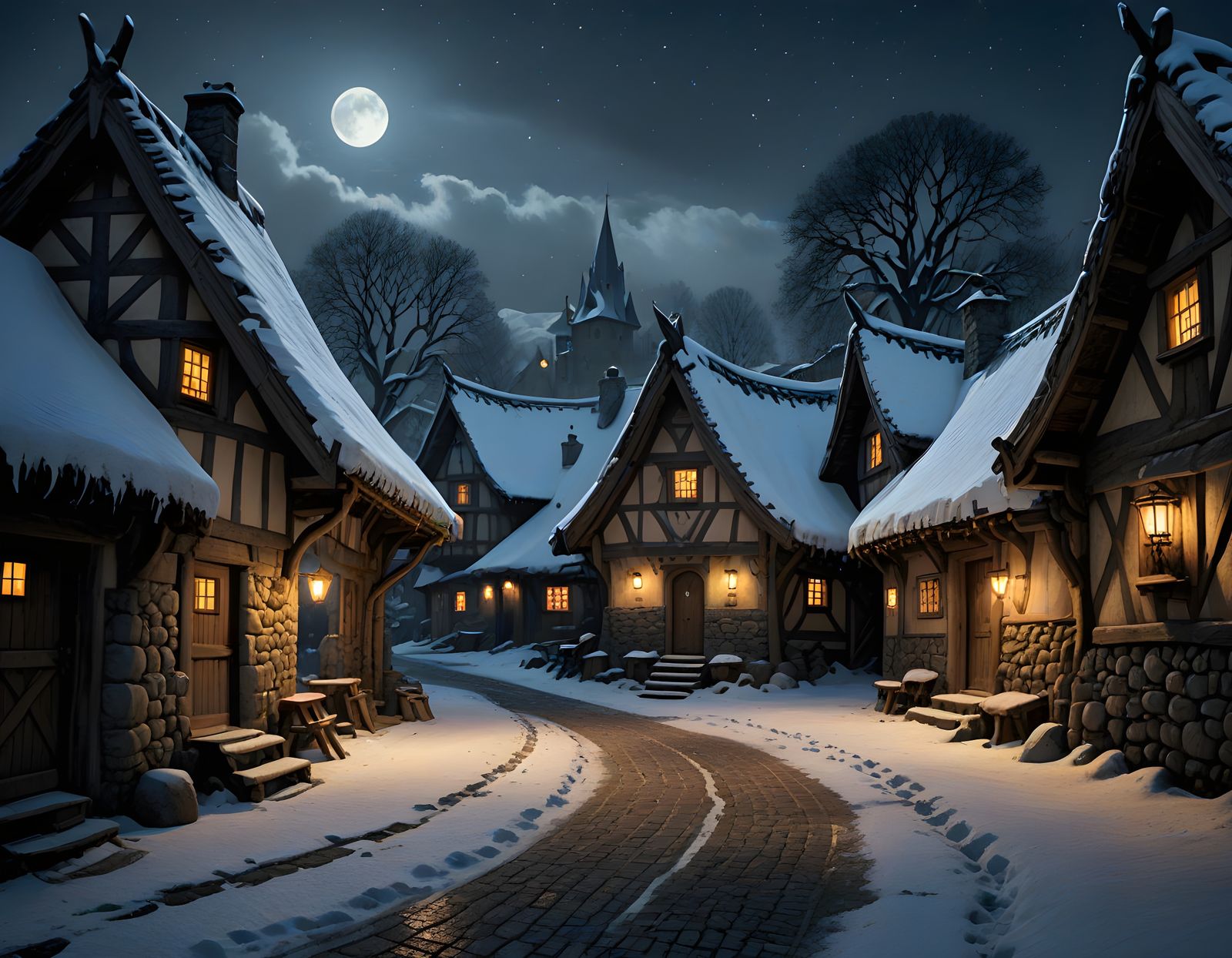 Epic Winter Village Scene in Medieval Style