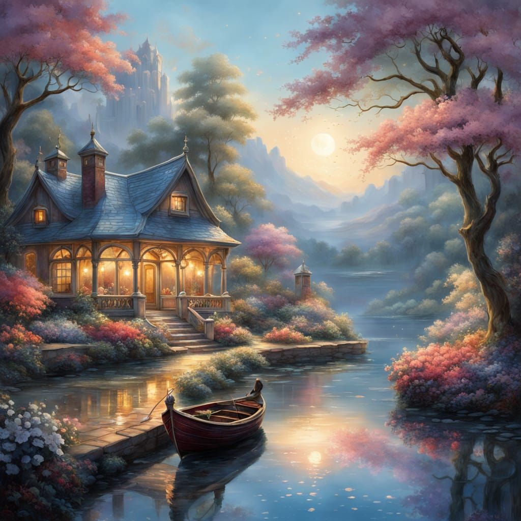 Dreamy Lake Landscape at Dusk in Romantic Realism Style