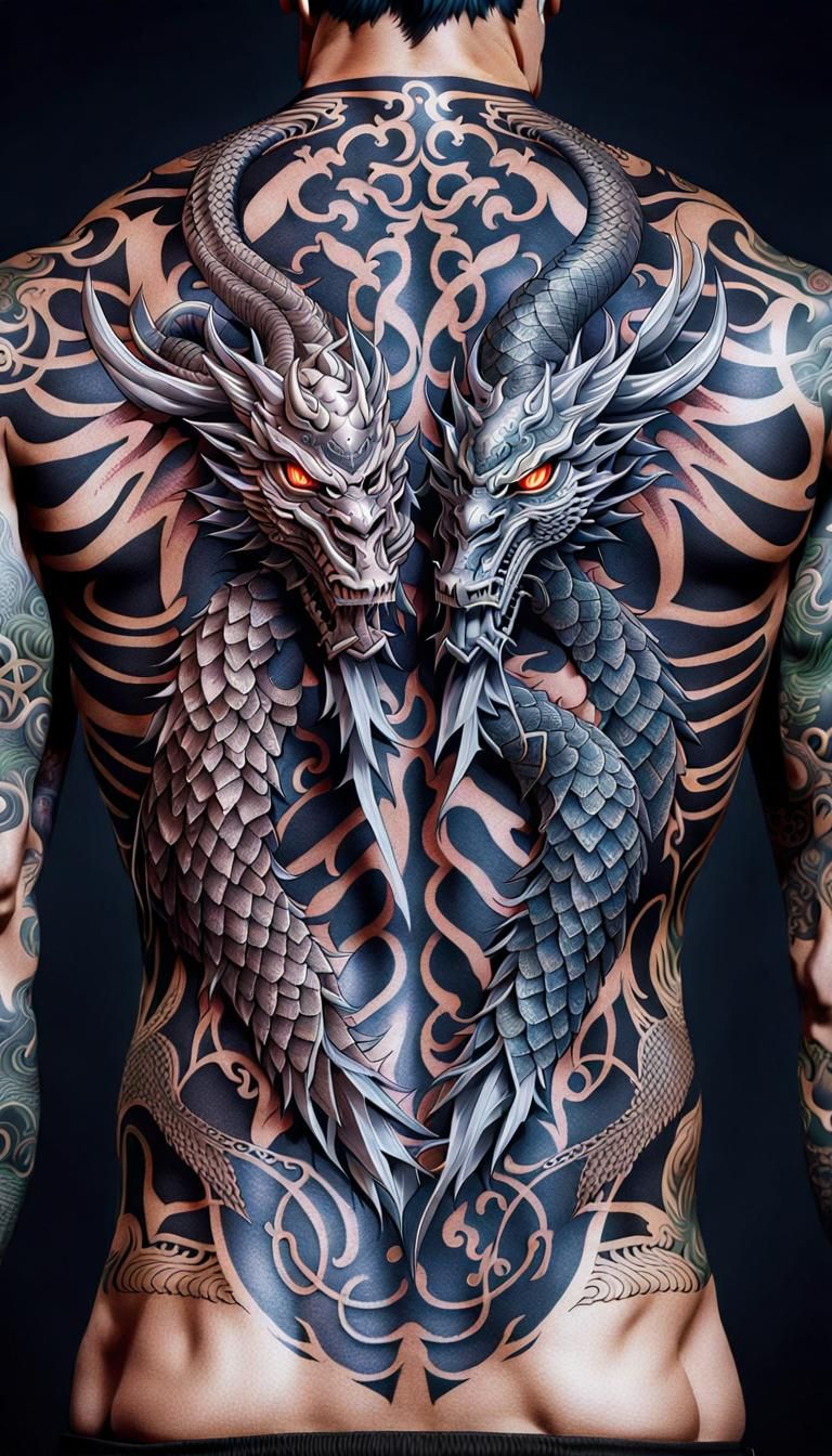 Surreal Portrait of Japanese Warrior with Dragon Tattoo