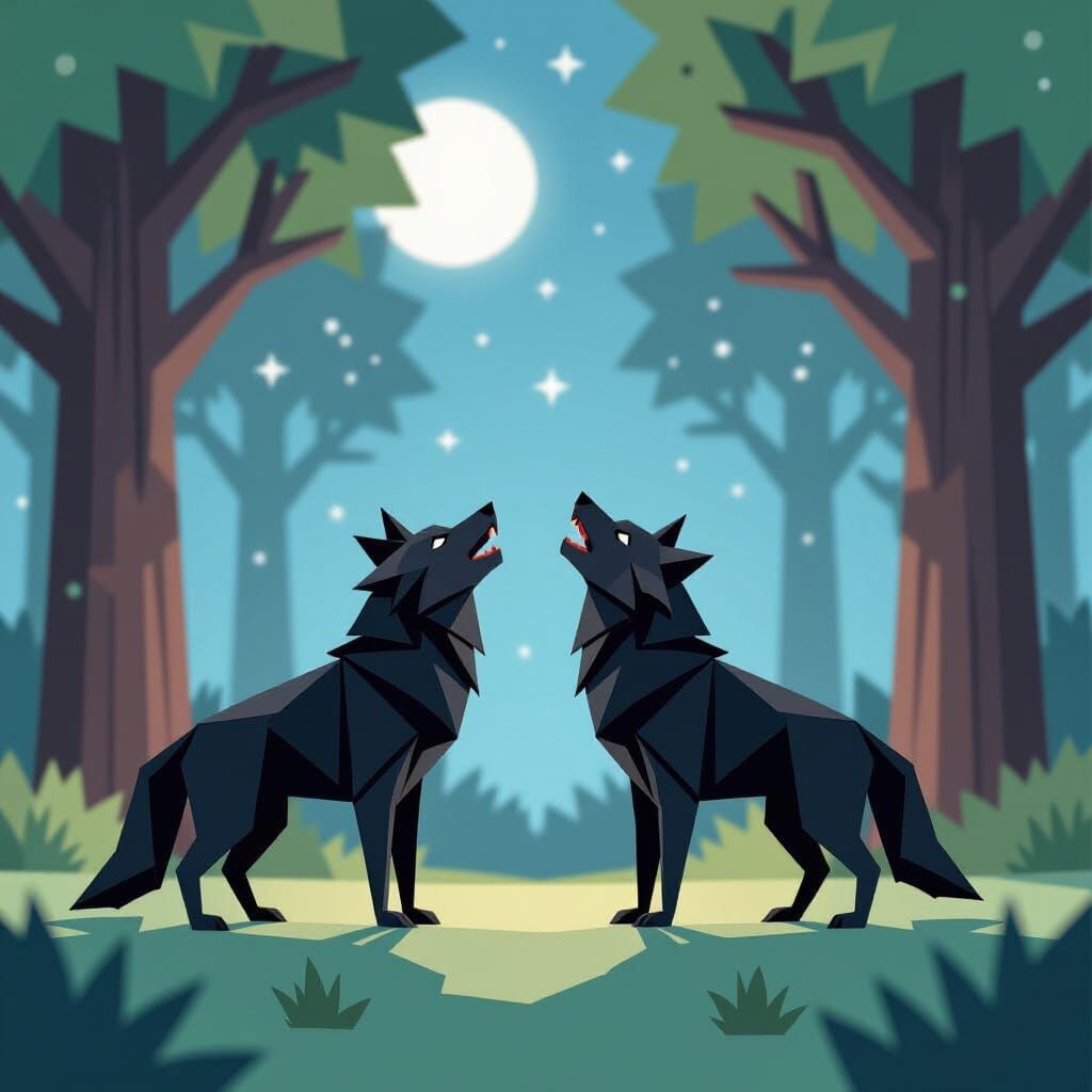 Origami Wolf Howling Under Moonlight