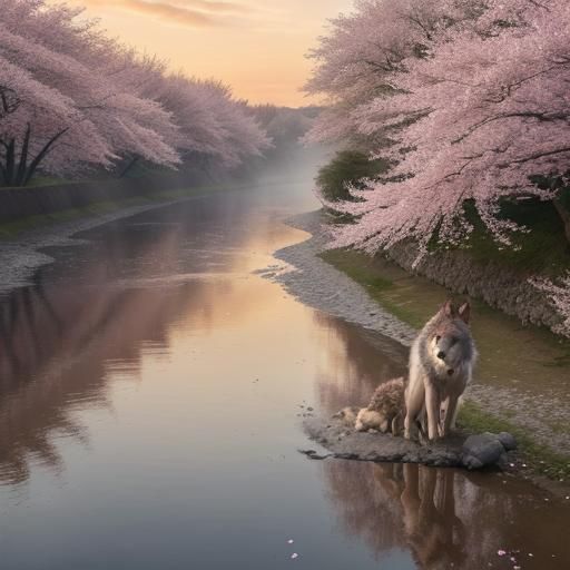 Wolf Amidst Cherry Blossoms in Vibrant Sunset Glow