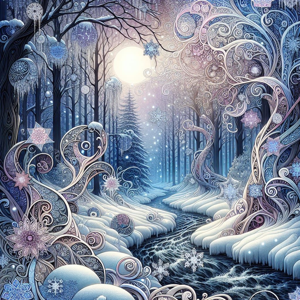 Ethereal Winter Scene in Art Nouveau Style