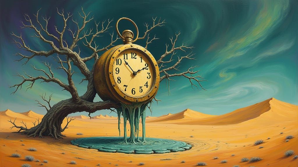 Surreal Desert Landscape with Melting Clock and Twisted Tree