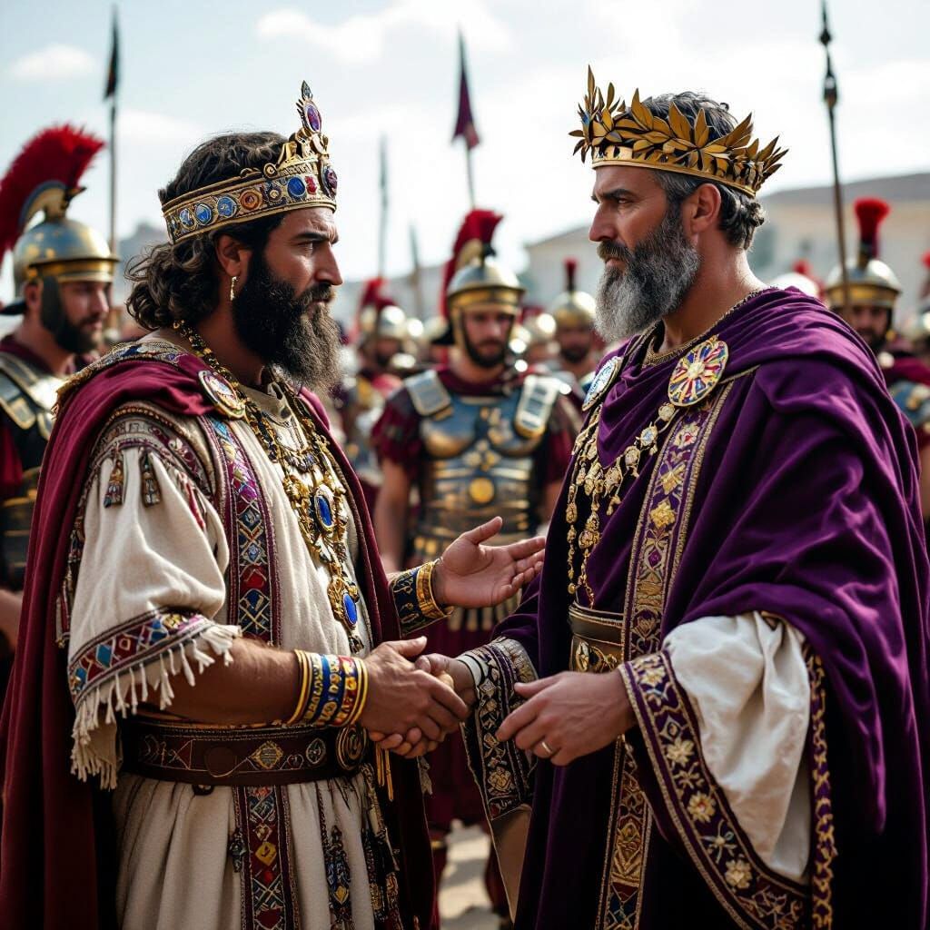 Simon Magus Meets Emperor Claudius in Cinematic Film Still
