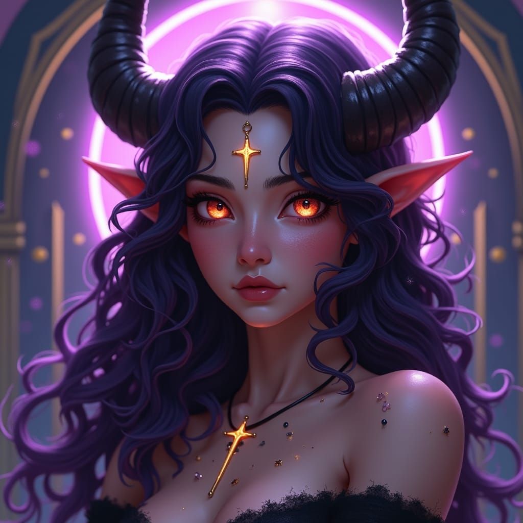 Ethereal Tiefling Cleric in Deep Rich Purple