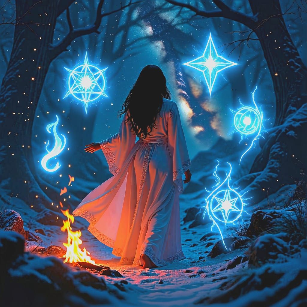 Woman Between Fire and Ice Gazing at Stars