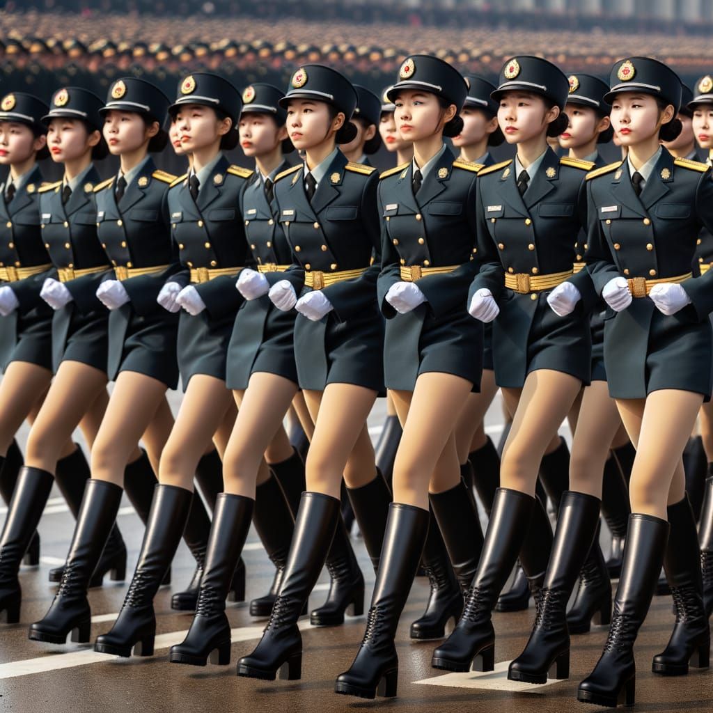 Female Soldiers in Rigid Formation March in Parade