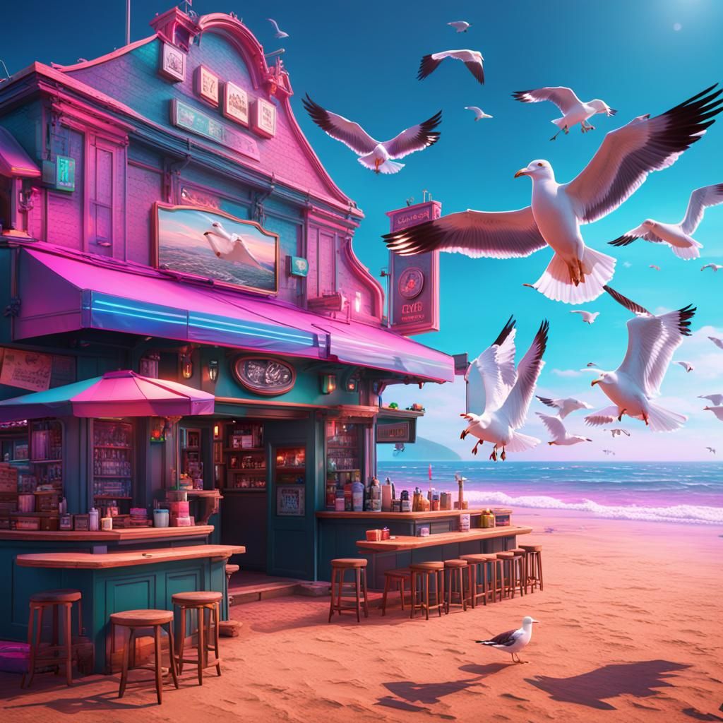 Ethereal Beach Oasis in Vibrant Vaporwave Hues