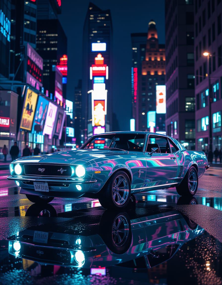 Surreal Glass Muscle Car Refracting City Lights