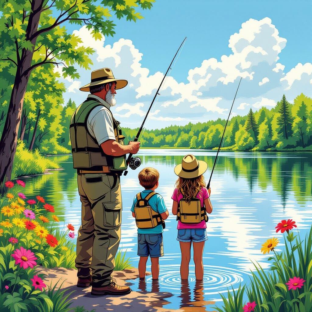 Family Fishing Outing in Comic Book Style