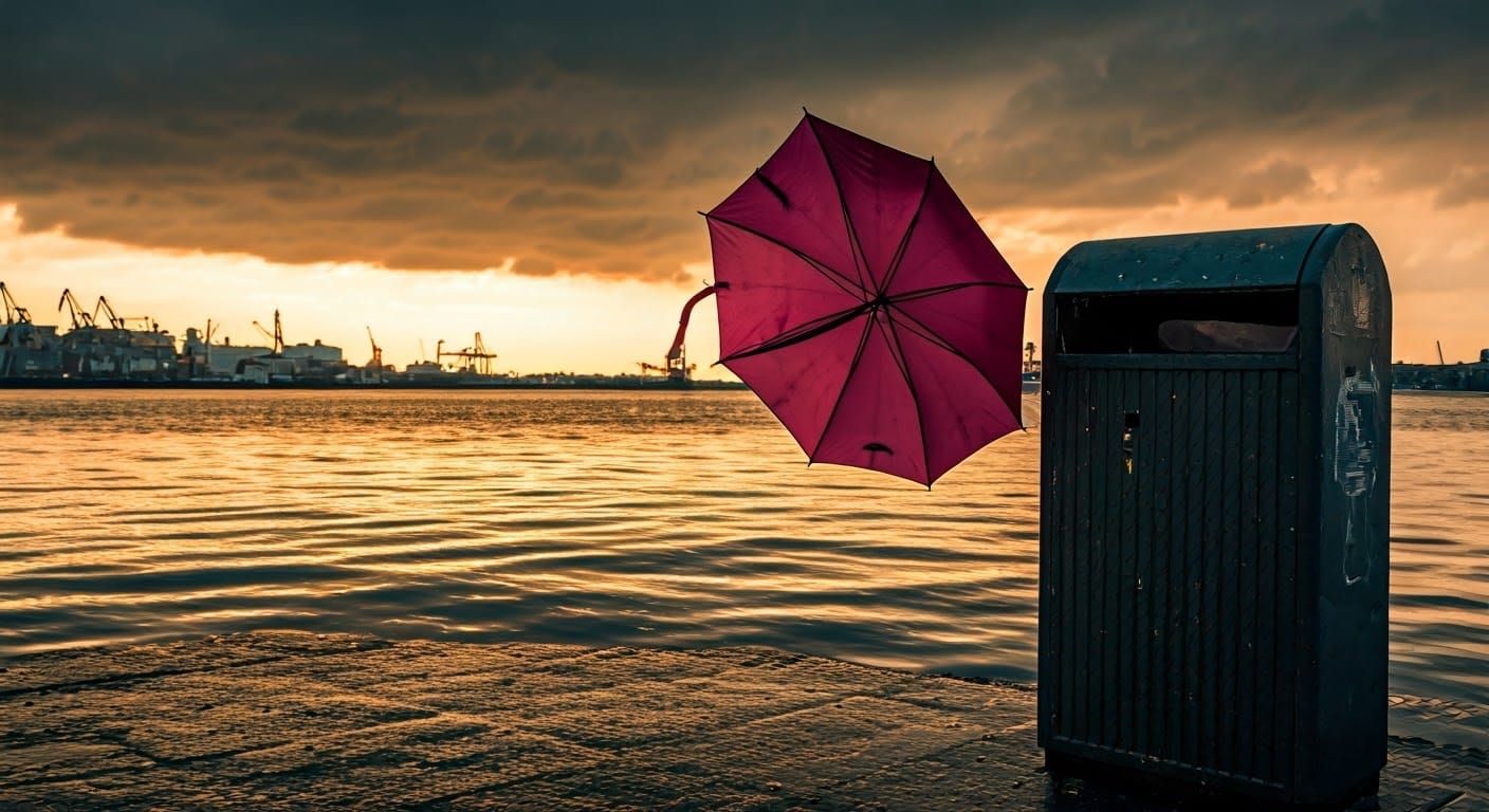 Stormy Sunset Port City Scene with a Broken Fuchsia Umbrella