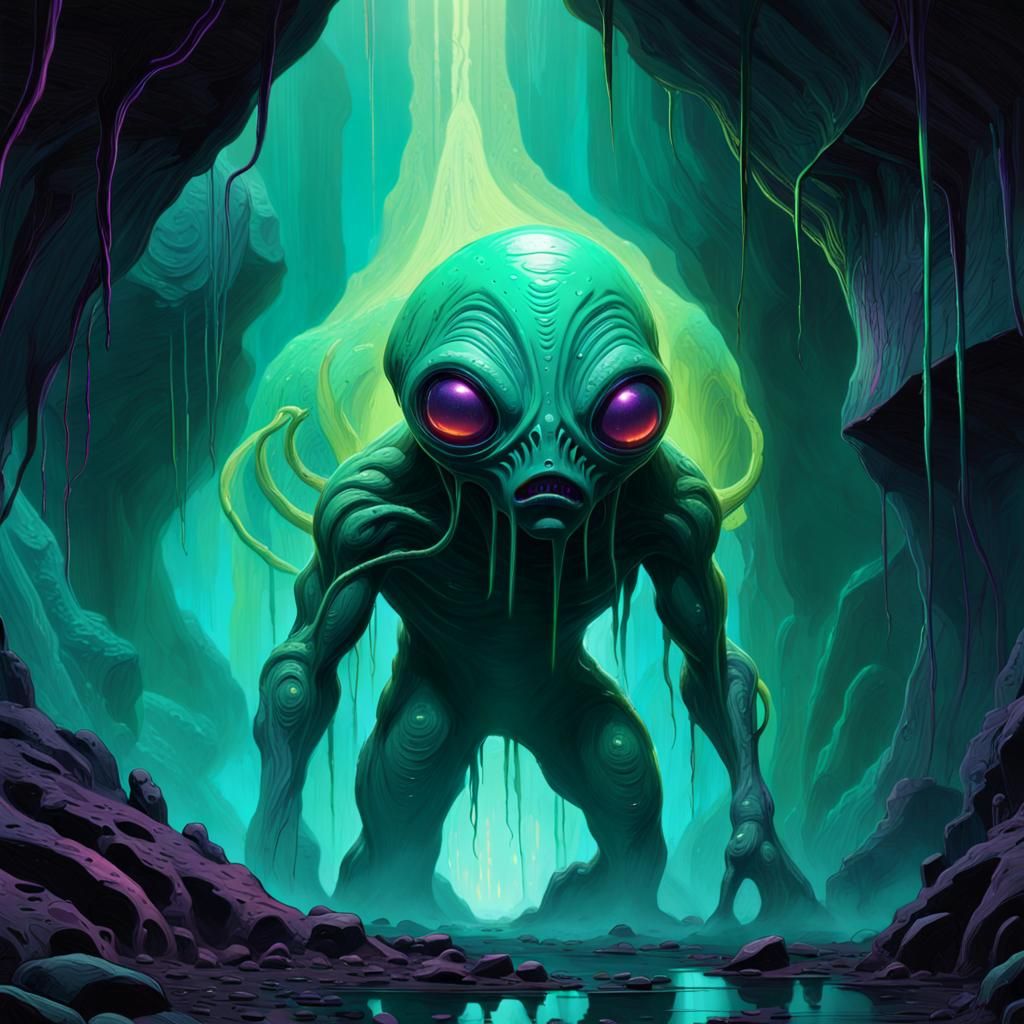 Cyberpunk Cyclops Emerge from Neon-Lit Cave