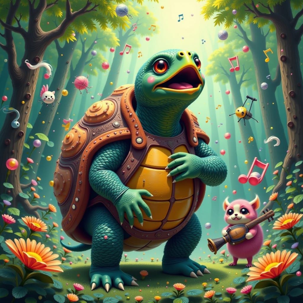 Singing Turtle Concert in Asian Forest, Digital Watercolor