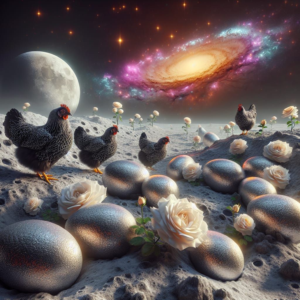 Chickens on the Lunar Surface, Laying Glittery Eggs Amidst a...