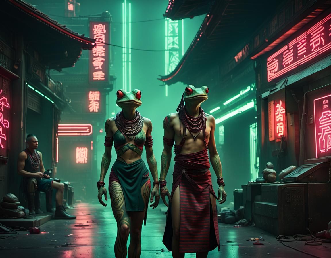 Surreal Cyberpunk Warrior Sits with Human over Neon Raman