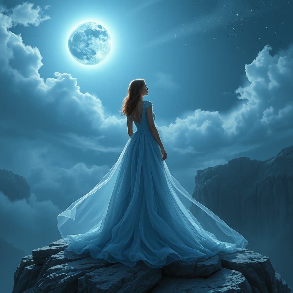 A Serene Woman Under the Dreamy Blue Moon