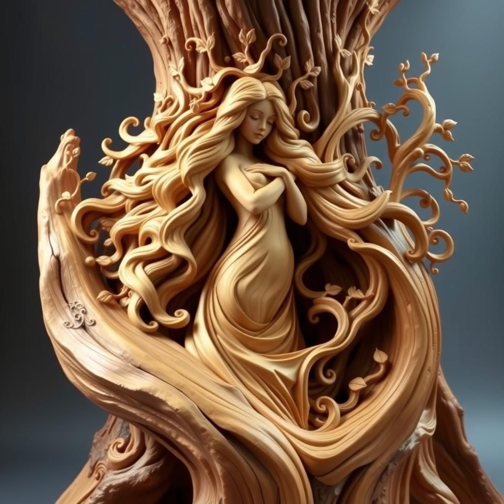 "Art Nouveau Tree Spirit Wood Sculpture"