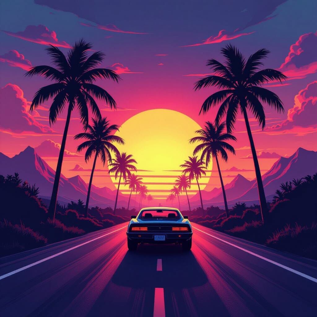 Synthwave Sunset Drive with Palm Trees and Mountains
