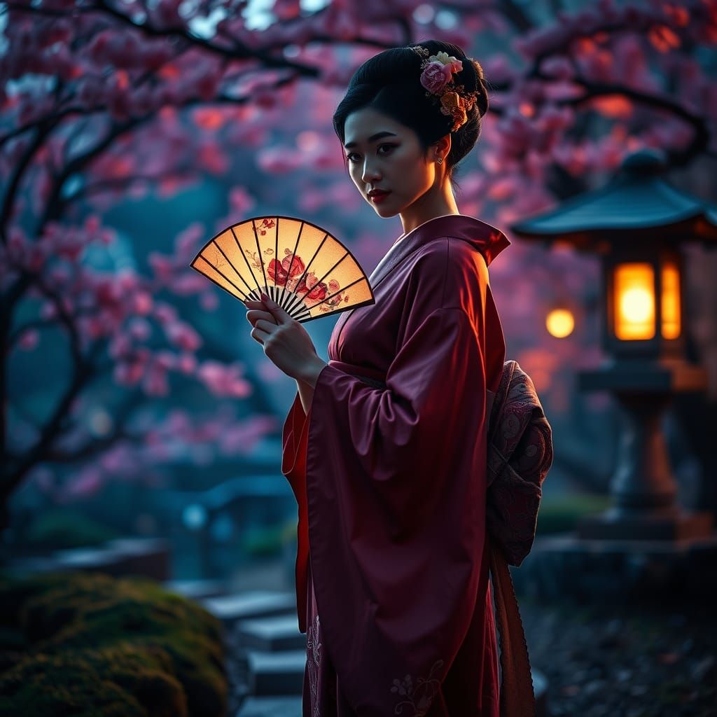 Elegant Geisha Portrait in Soft Japanese Twilight