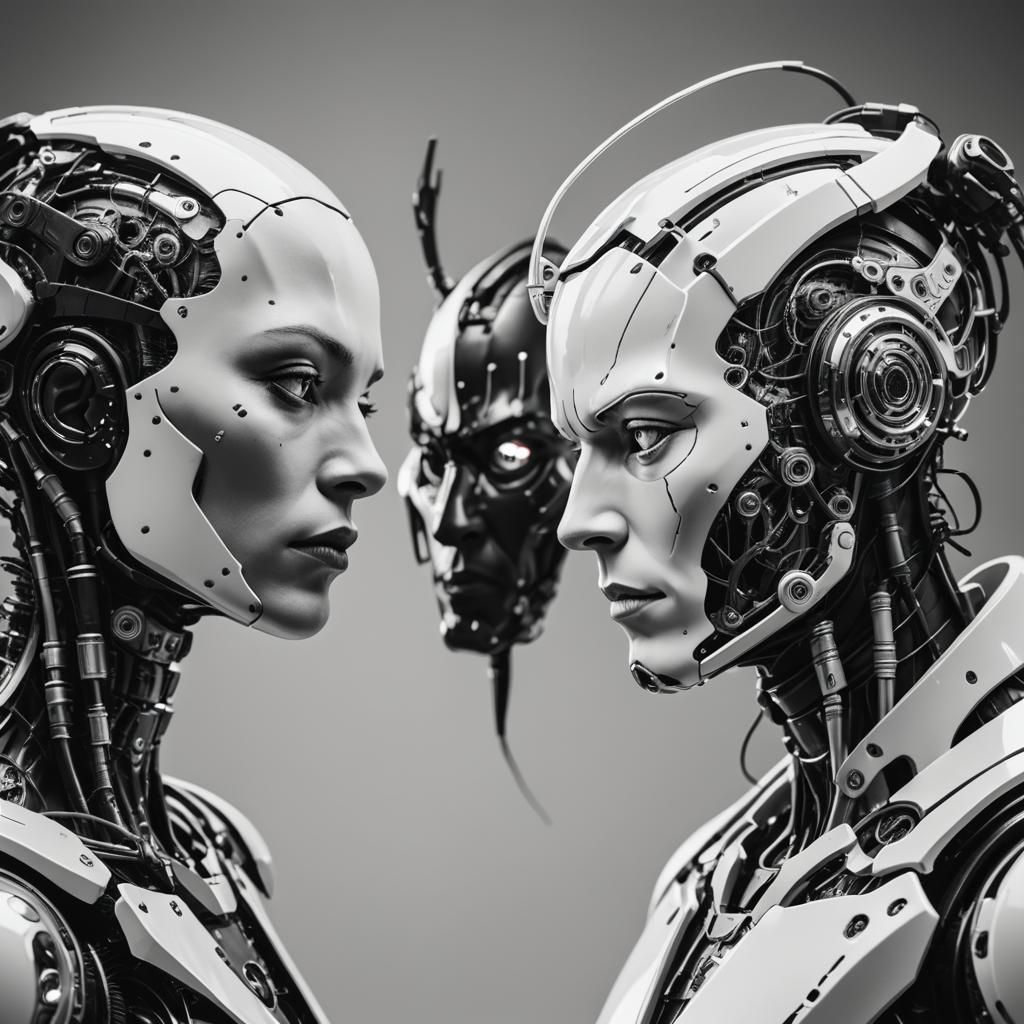Black and white cyborgs facing each other with a contemplati...