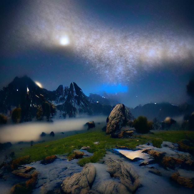 An alpine meadow on a starry blue night
