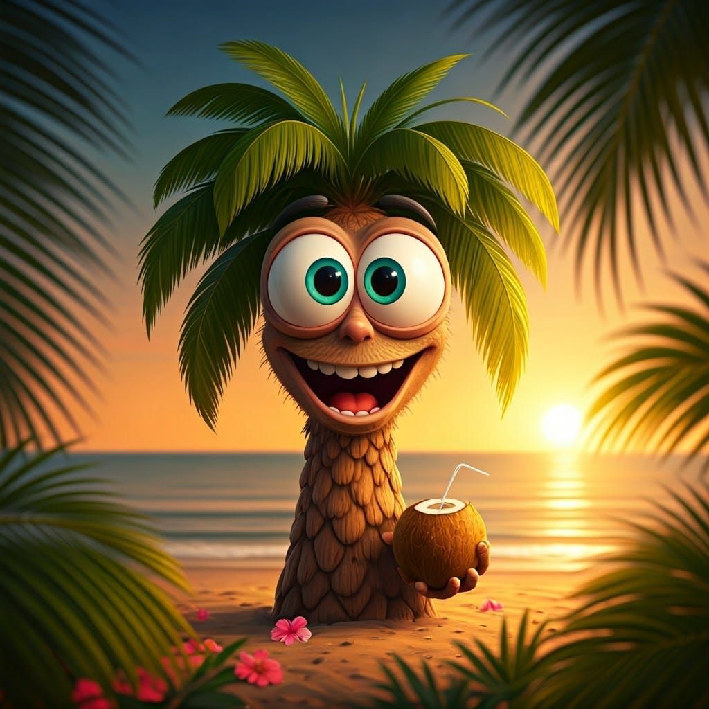 Cartoon Palm Tree Sips Coconut Water at Sunset