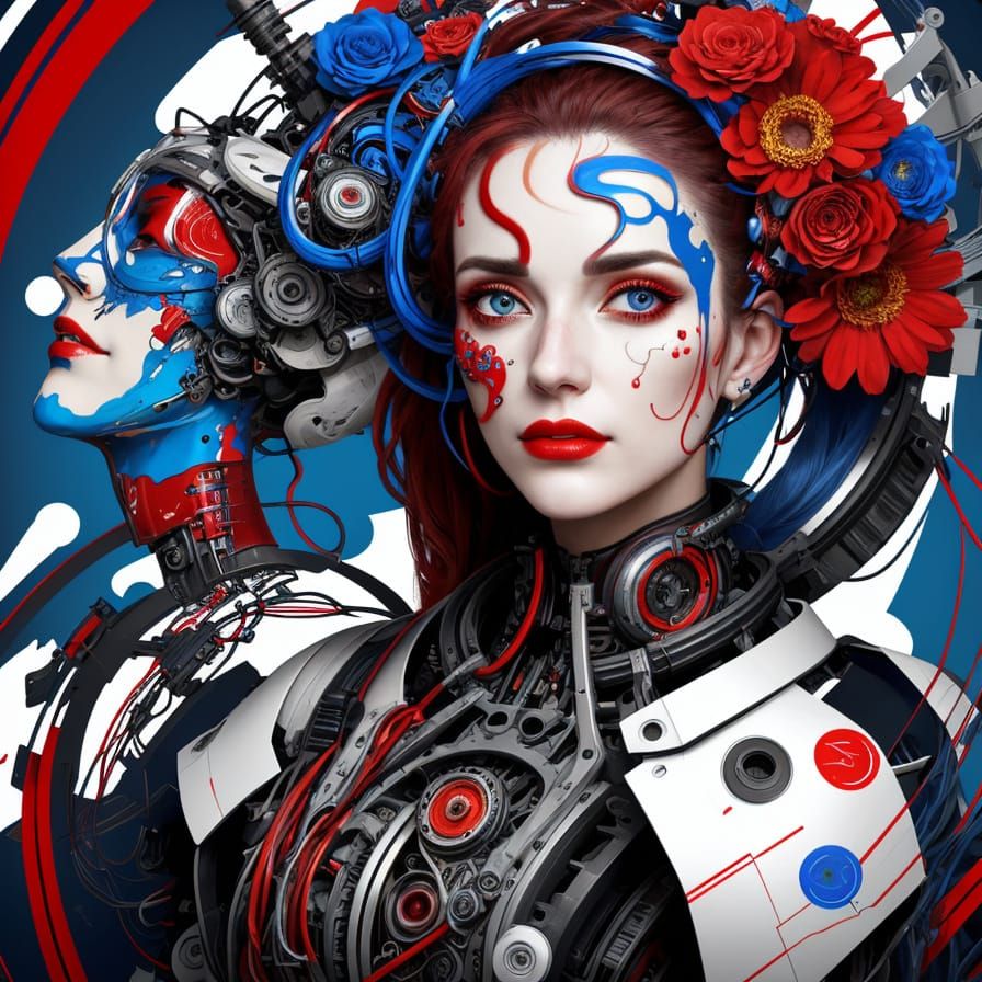 Ornate Biomechanical Woman Portrait in Vivid Colors