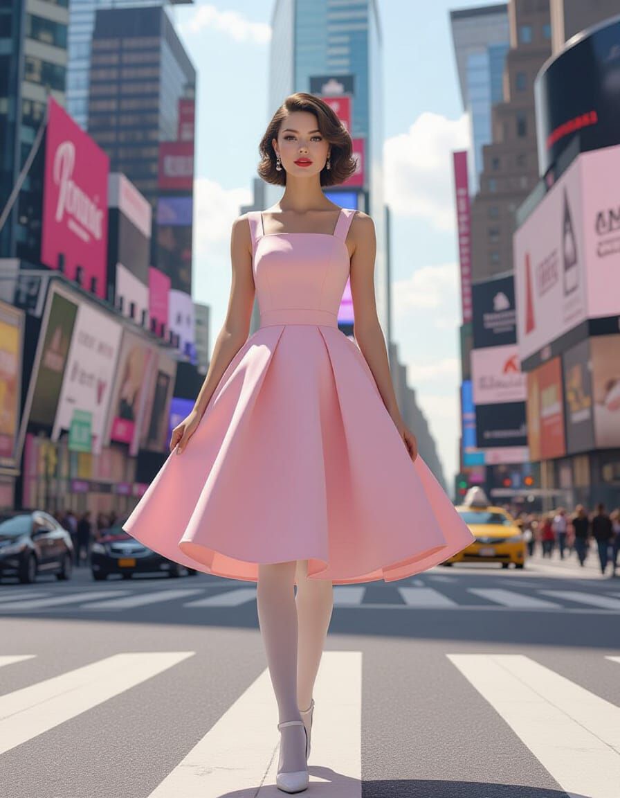 Pink Dress Portrait in Times Square, Art Nouveau Style