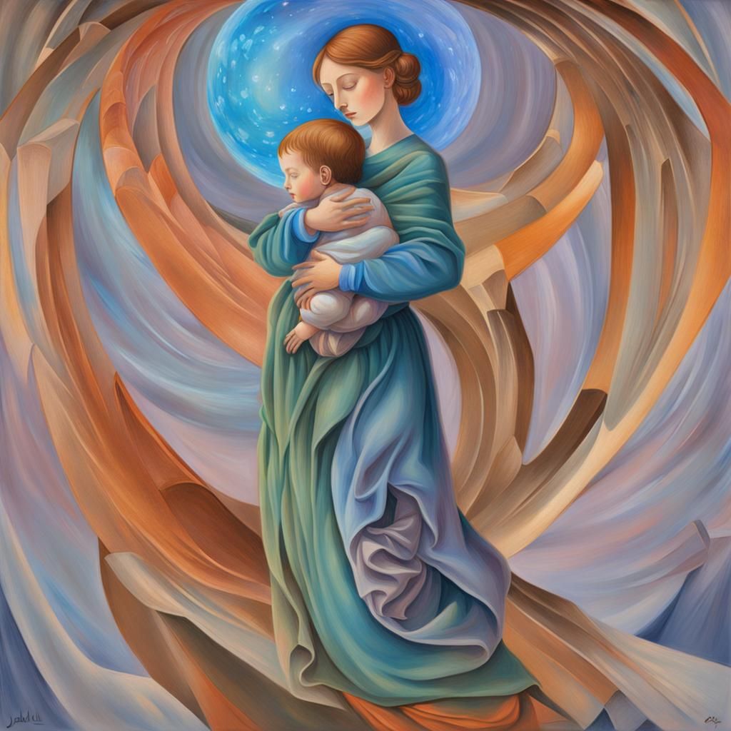 Woman and Baby in Futuristic Renaissance Setting