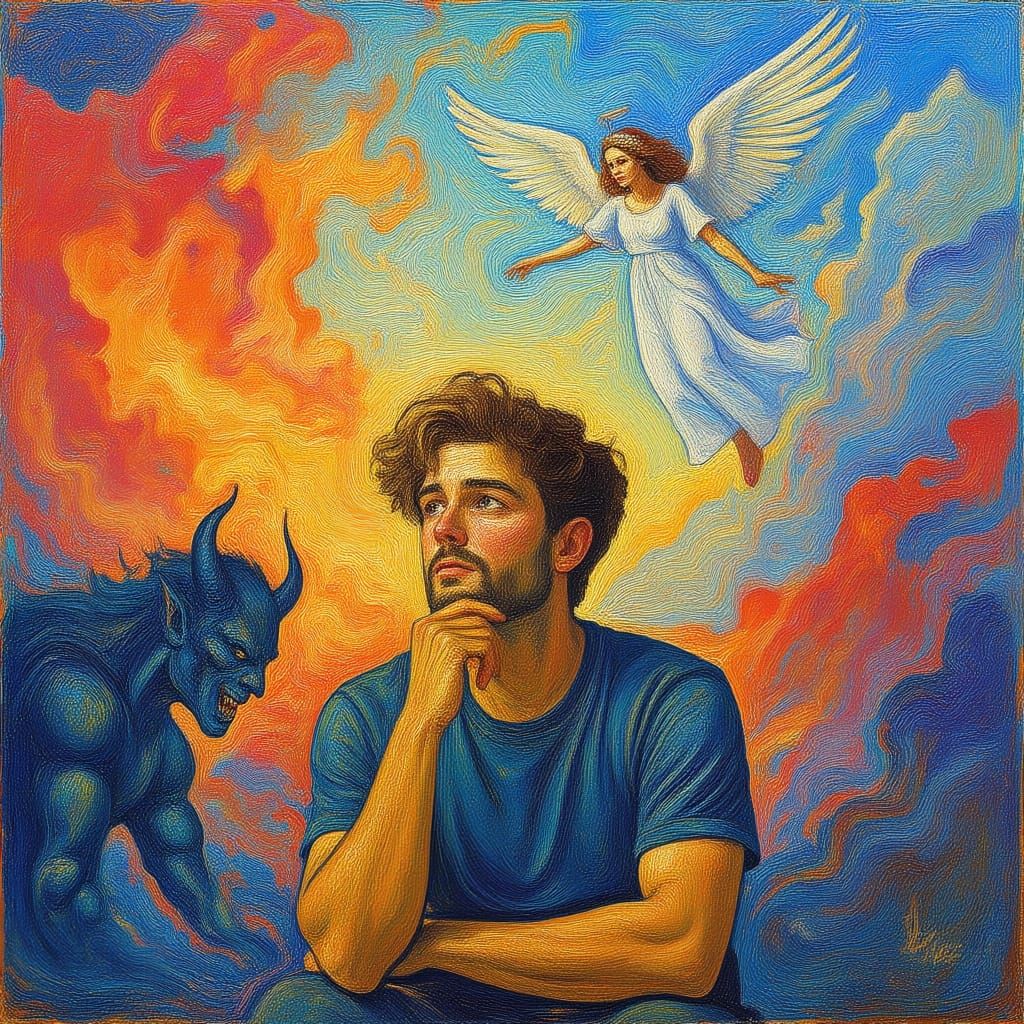 Man Deep In Thought Under Polychromatic Sky With Angel And D...