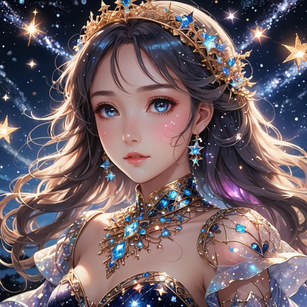 Ethereal Princess in Cosmic Ball Gown with Glowing Galaxy Ac...